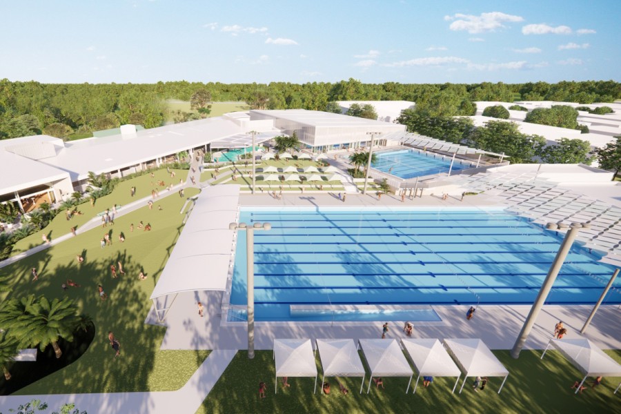 The new community center features a multipurpose hall, 50-m outdoor pool, 25-m outdoor pool, heated indoor training pool, warm water pool, fitness center, and café.
